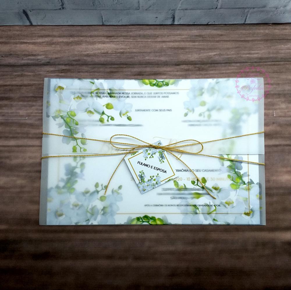 Convite de Casamento com Papel Vegetal e Orquídeas Branca