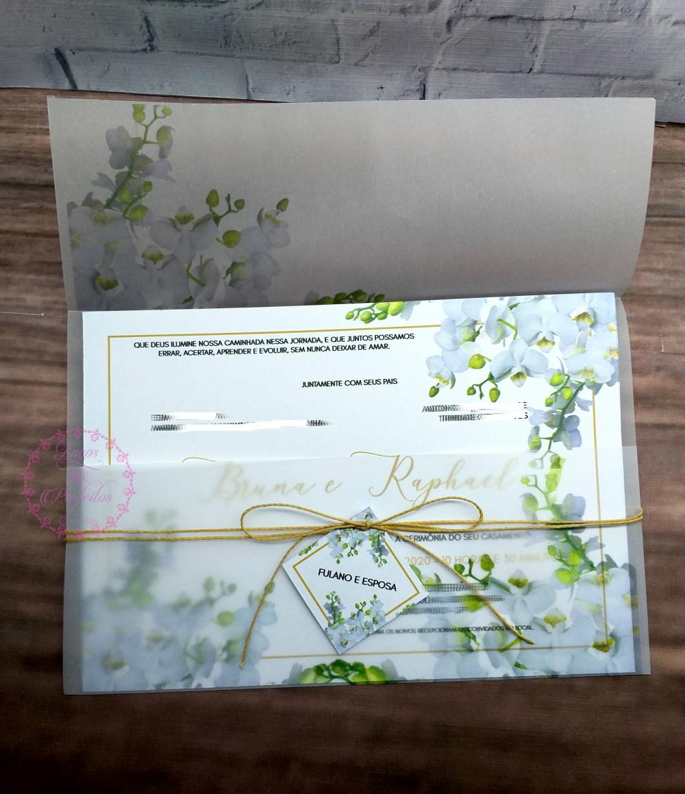 Convite de Casamento com Papel Vegetal e Orquídeas Branca