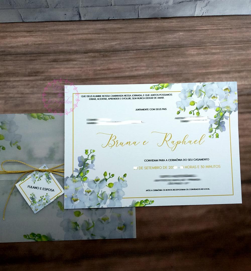 Convite de Casamento com Papel Vegetal e Orquídeas Branca