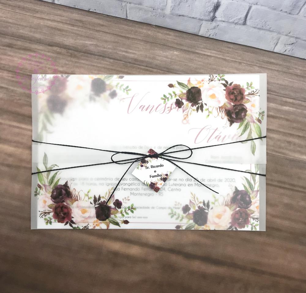 Convite Casamento Papel Vegetal e Flores Marsala