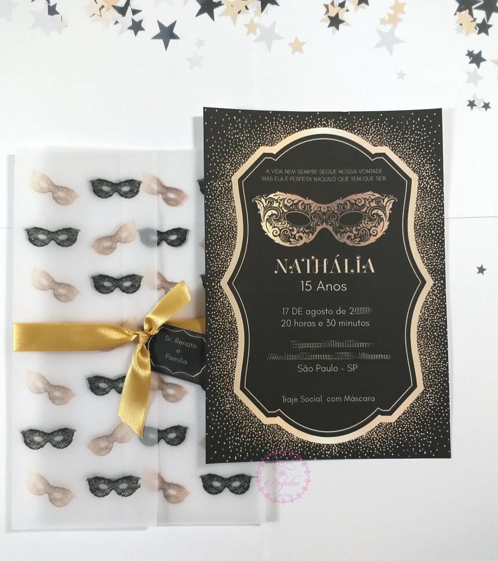 Convite 15 Anos Baile De Máscaras Preto E Dourado Luxo