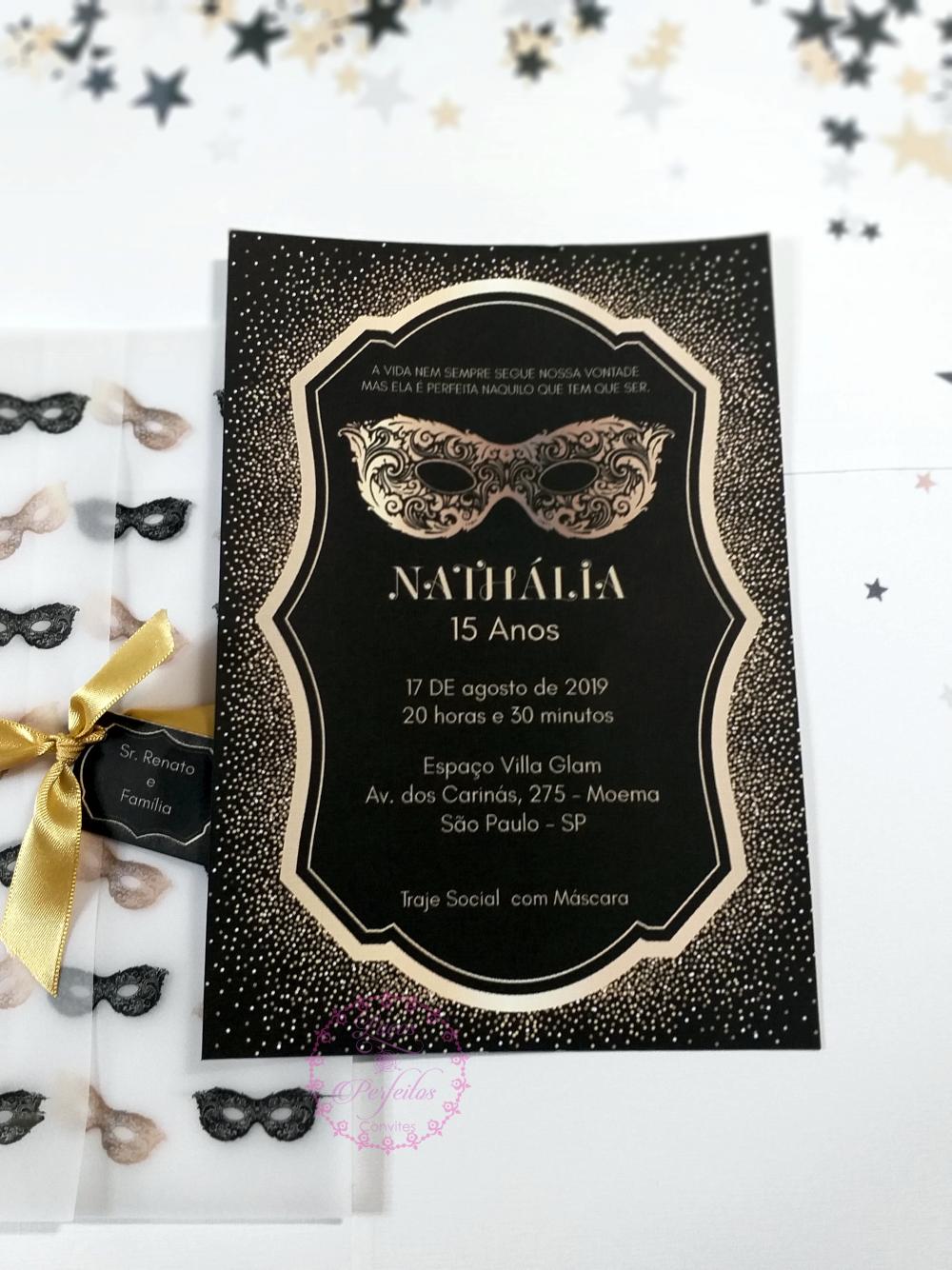 Convite 15 Anos Baile De Máscaras Preto E Dourado Luxo