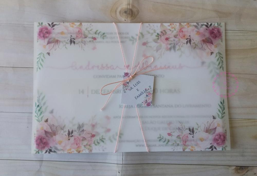 Convite Casamento Marsala e Rose Floral Com Envelope Vegetal E Ta