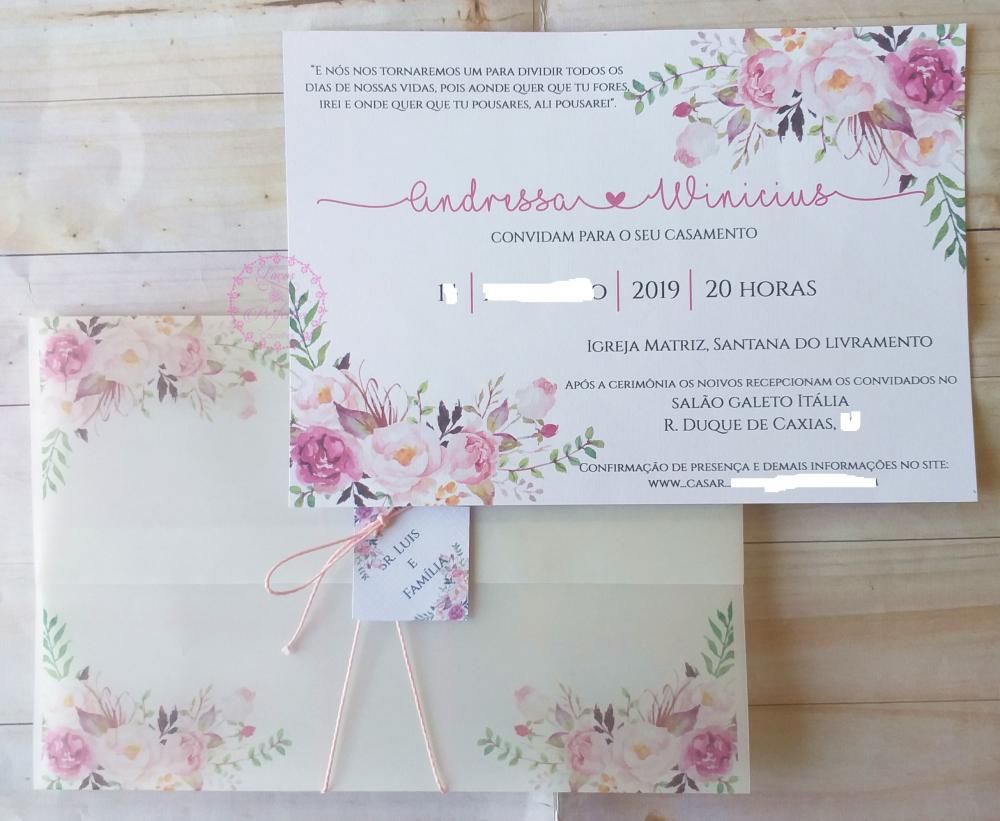 Convite Casamento Marsala e Rose Floral Com Envelope Vegetal E Ta