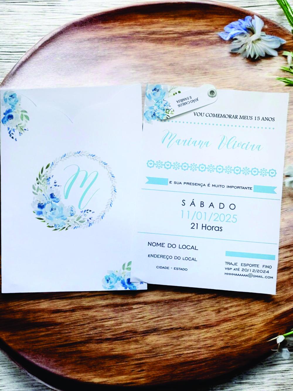 Convite 15 anos floral azul serenity