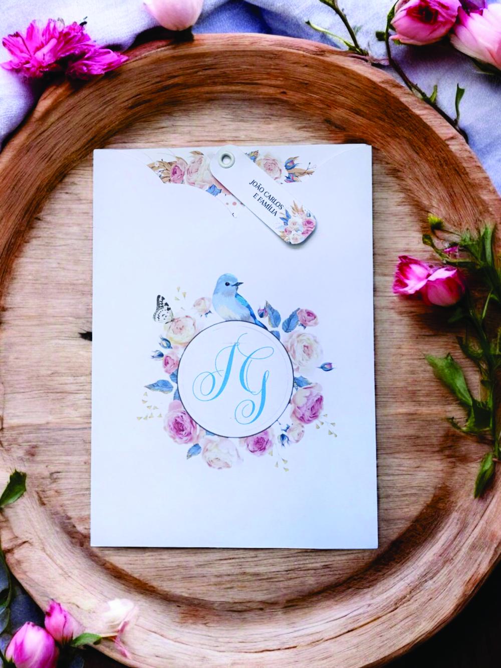 Convite casamento floral rosa envelope luva