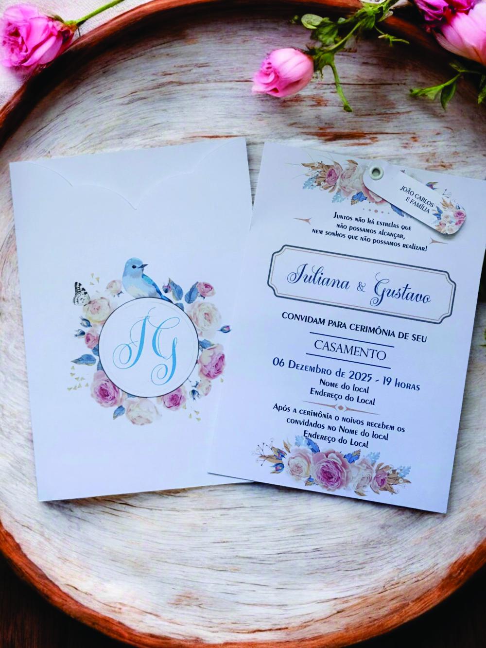 Convite casamento floral rosa envelope luva
