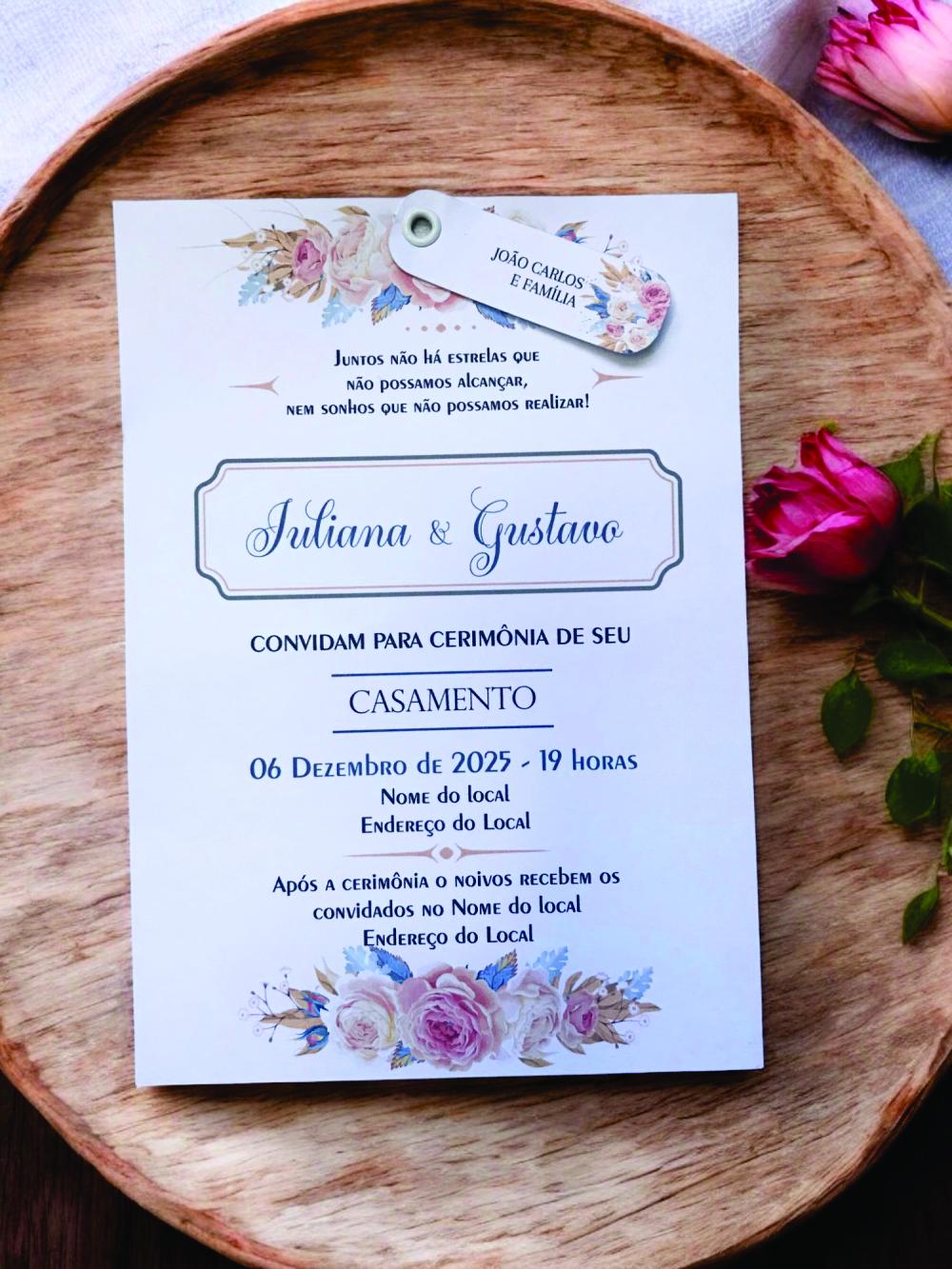 Convite casamento floral rosa envelope luva