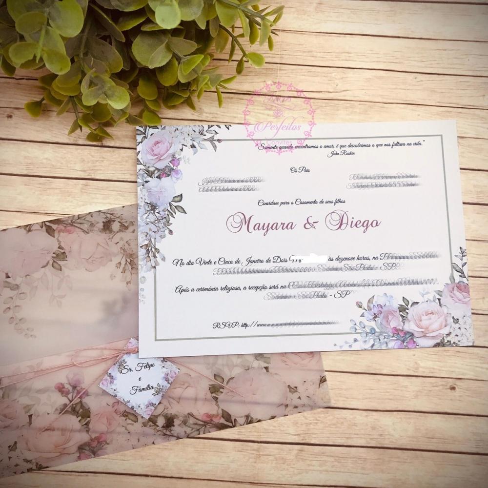 Convite de Casamento Papel Vegetal Floral Rose