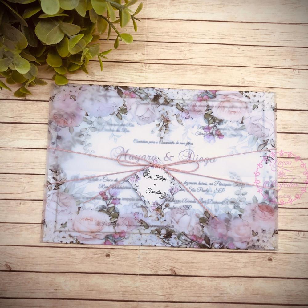 Convite de Casamento Papel Vegetal Floral Rose