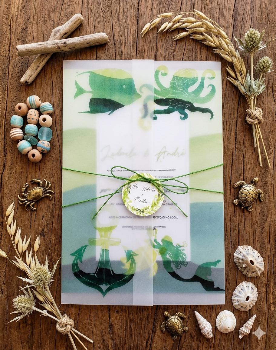 Convite Casamento papel vegetal  Animais Marinhos