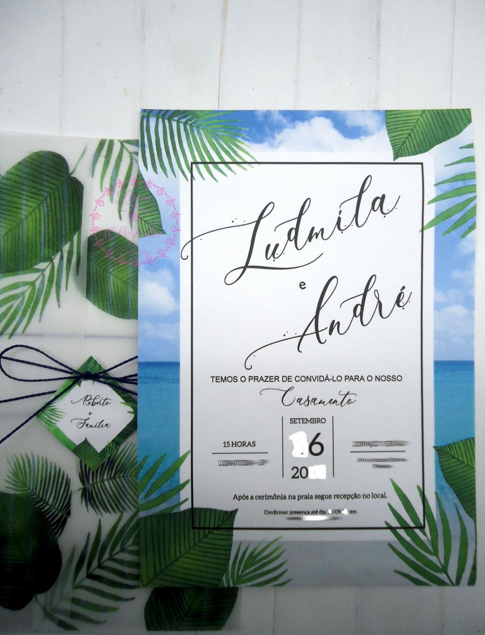Convite de Casamento papel vegetal Praia Tropical