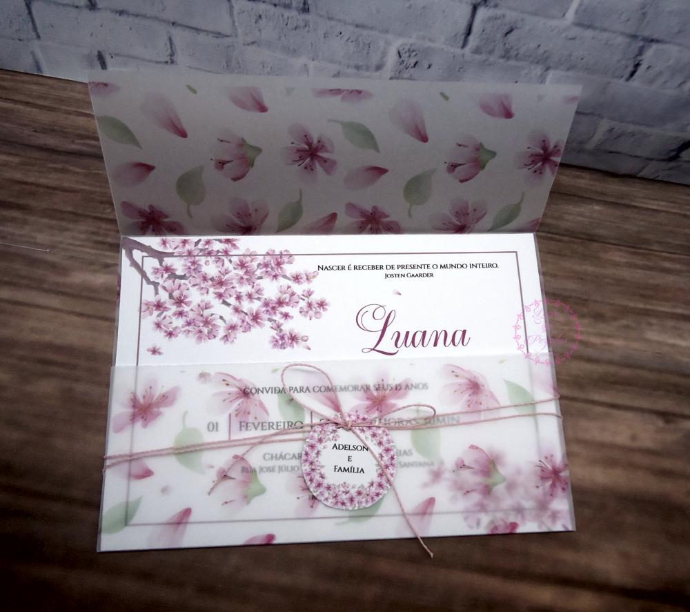 Convite de 15 Anos Cerejeira Sakura com Envelope Translúcido
