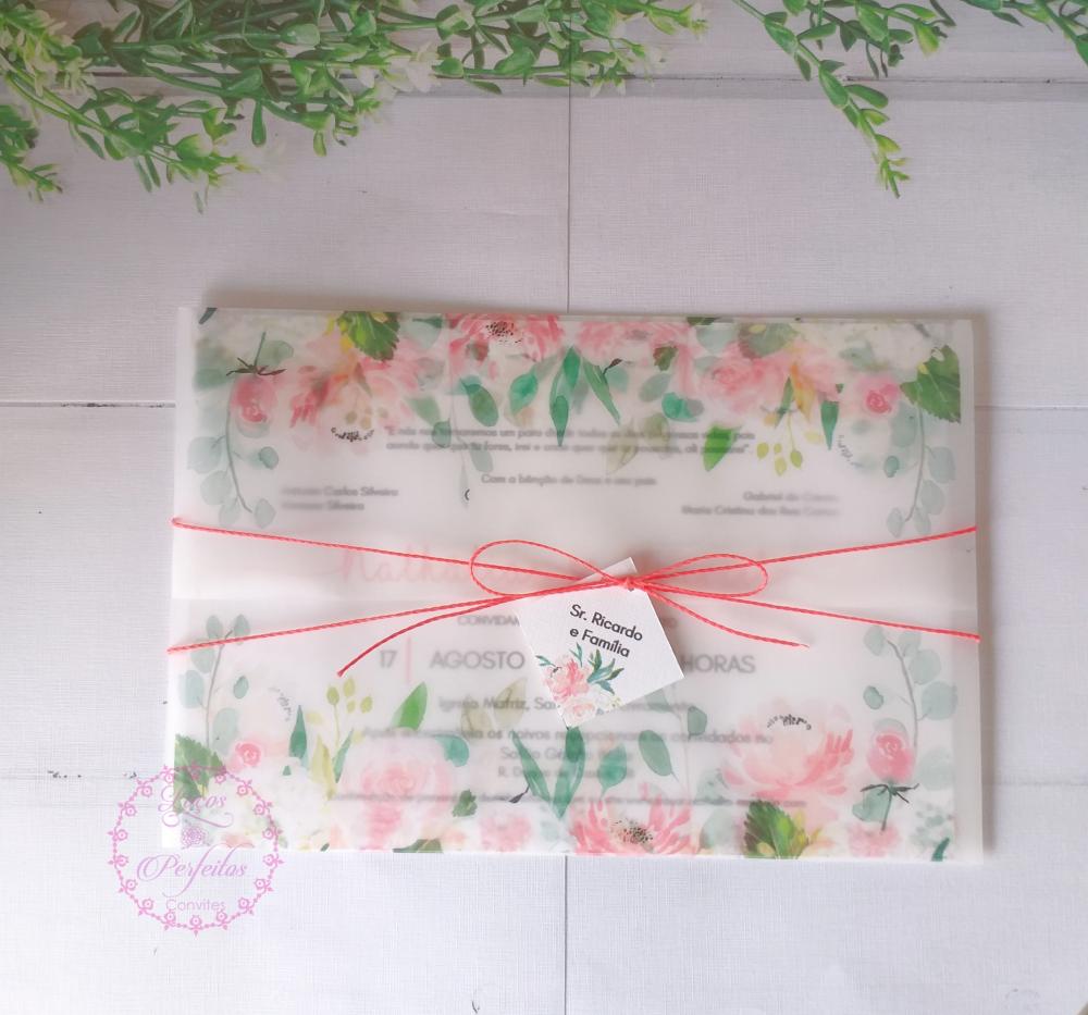 Convite de Casamento  Floral Coral e Pêssego e Envelope Transpar