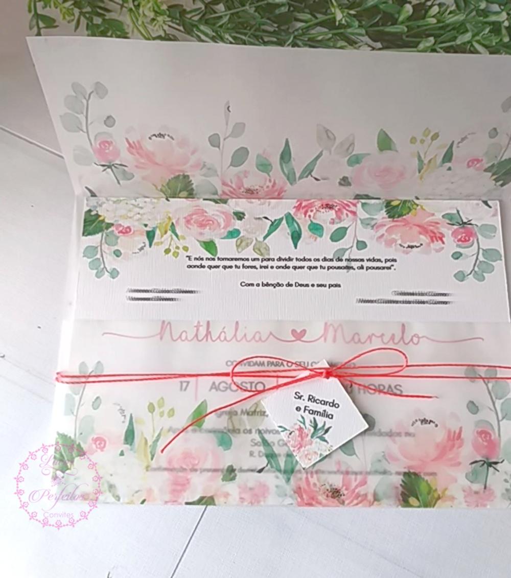 Convite de Casamento  Floral Coral e Pêssego e Envelope Transpar