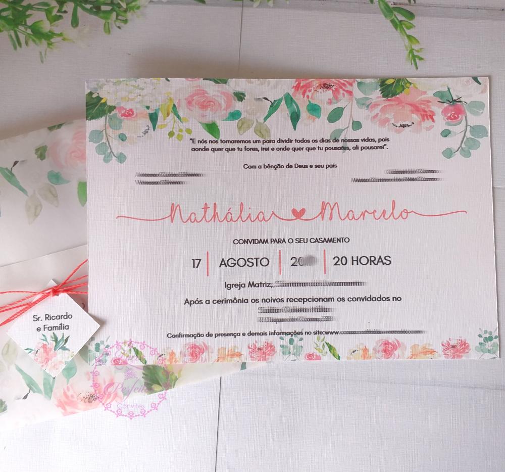 Convite de Casamento  Floral Coral e Pêssego e Envelope Transpar