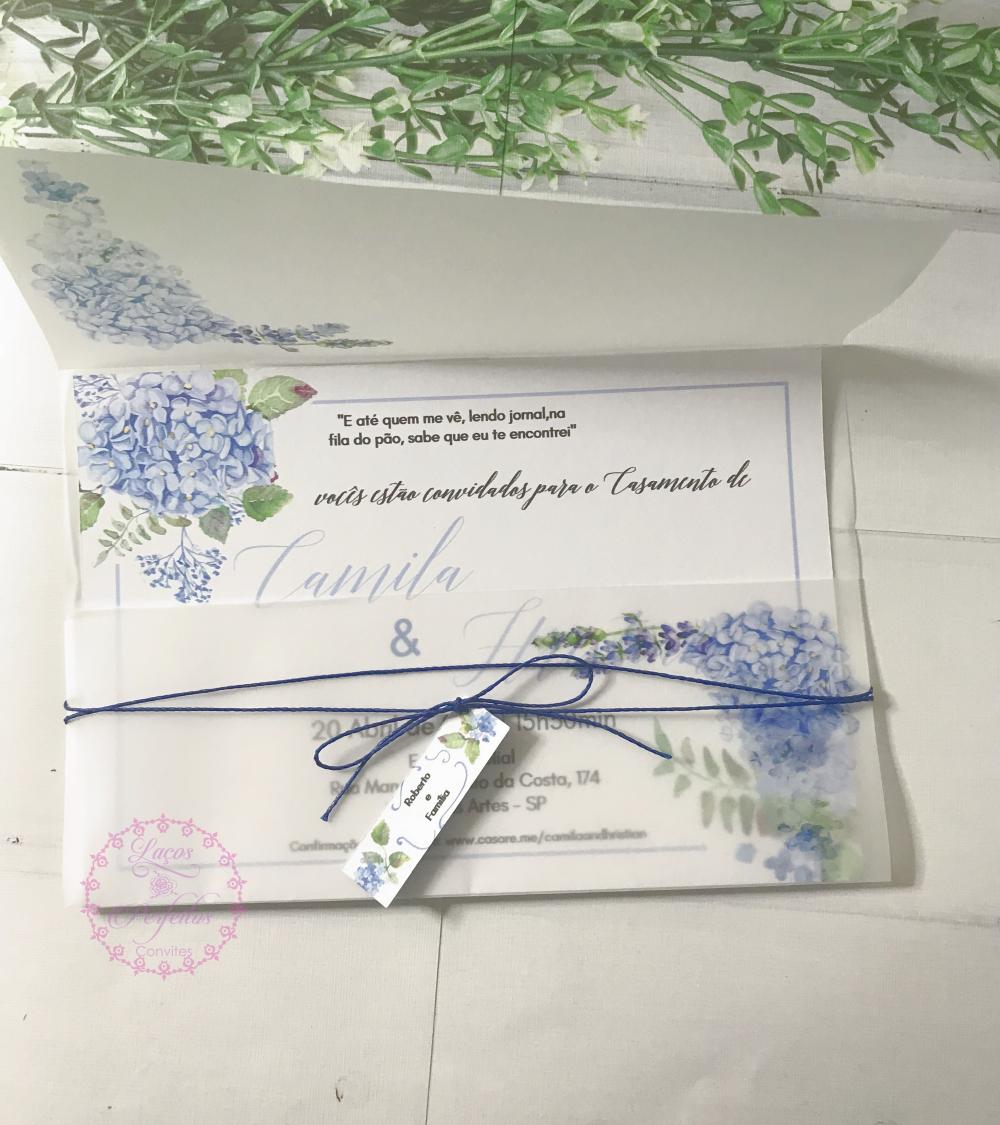 Convite de Casamento Hortênsias Azul Serenity e Papel Vegetal