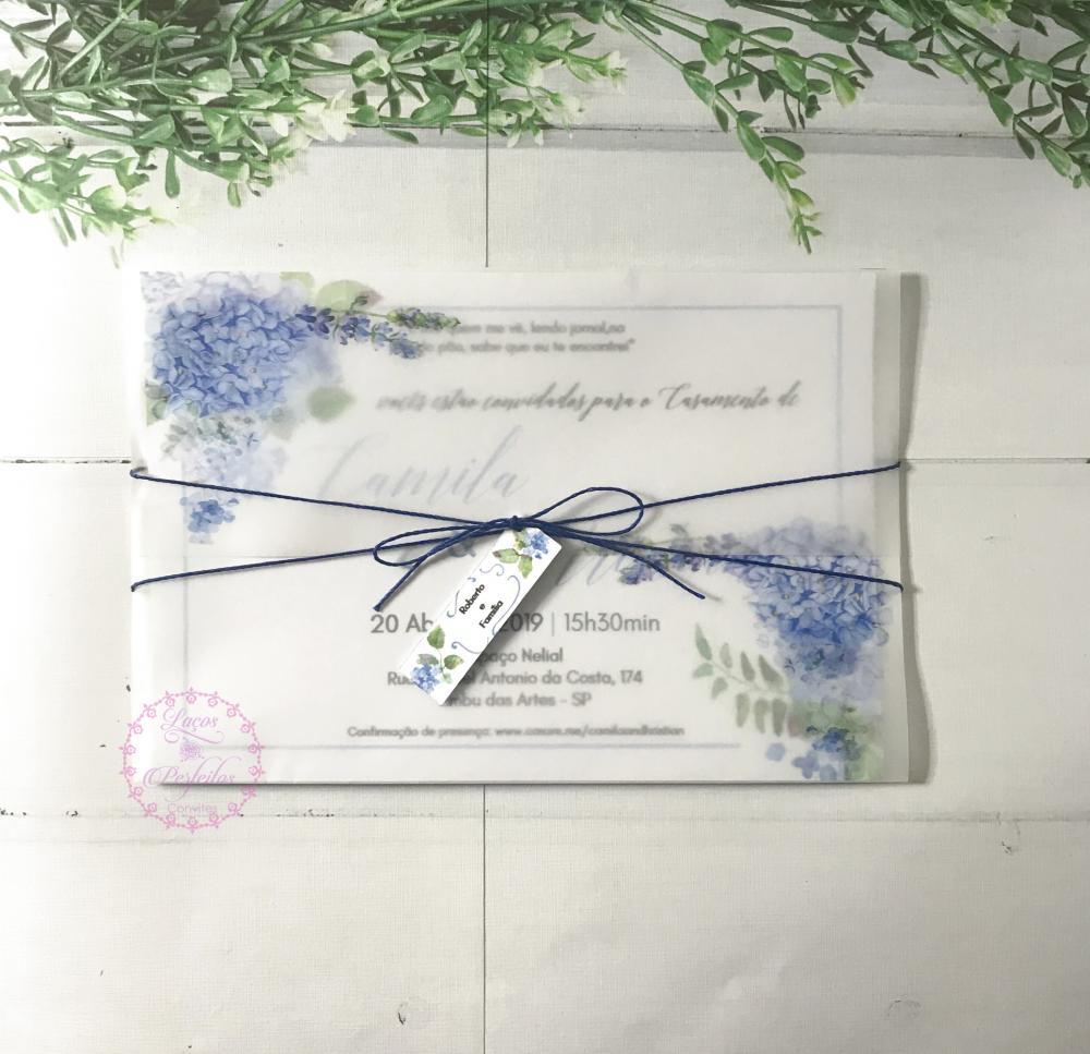 Convite de Casamento Hortênsias Azul Serenity e Papel Vegetal
