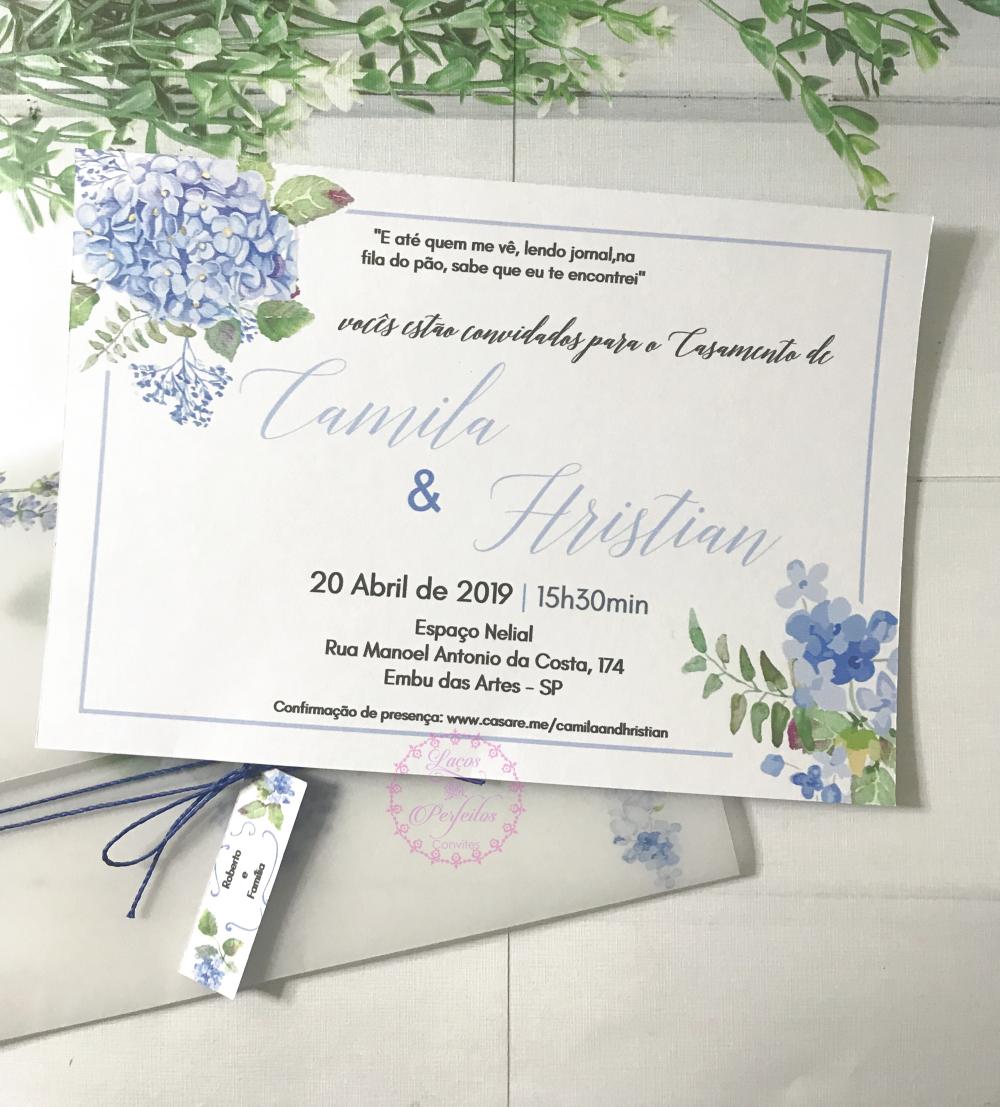 Convite de Casamento Hortênsias Azul Serenity e Papel Vegetal