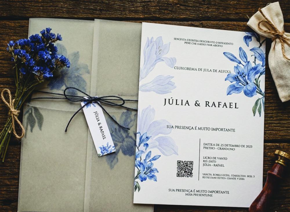 Convite de Casamento  Floral Azul com Envelope Vegetal