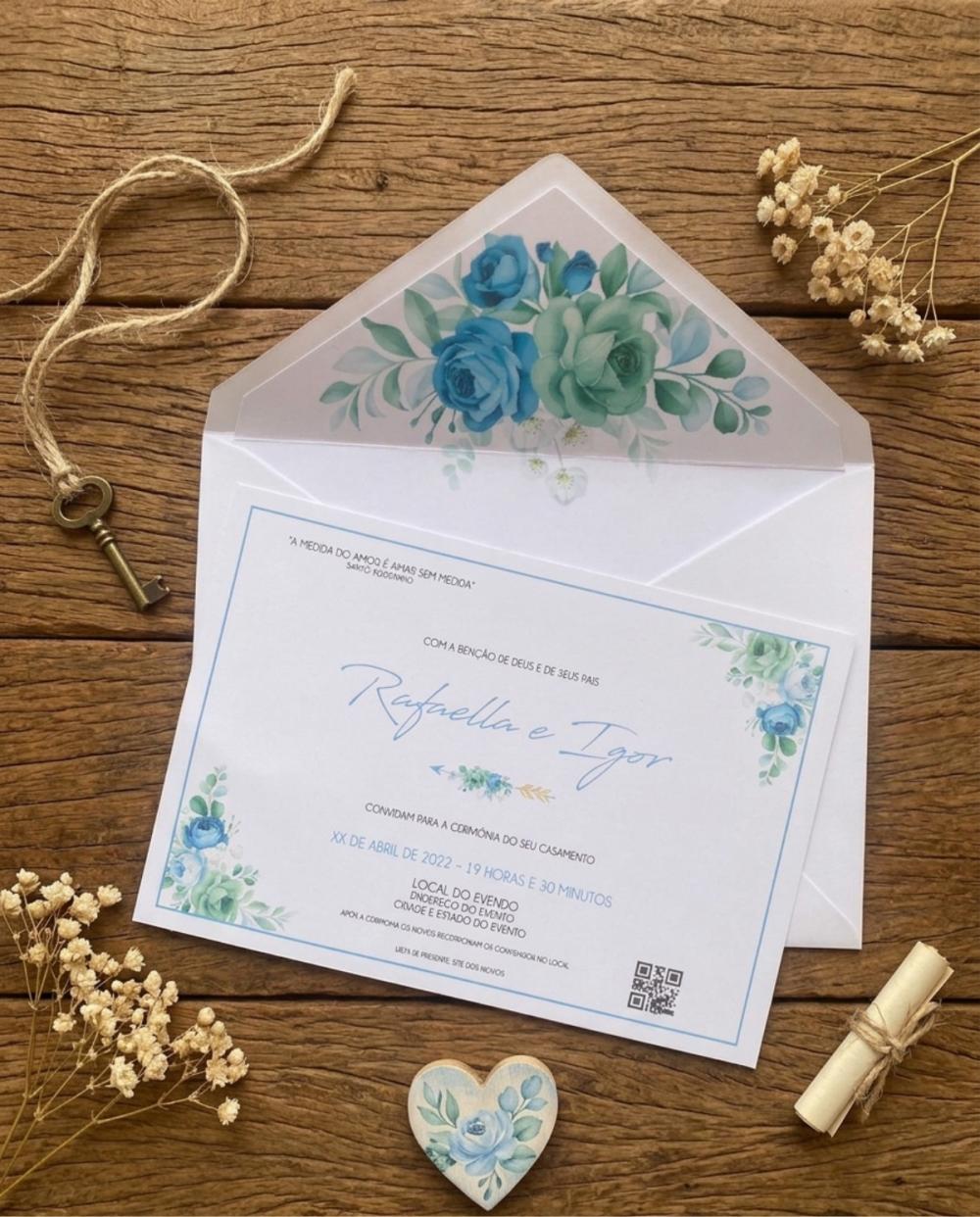 Convite de Casamento Floral Azul e Verde Água com Envelope Forra