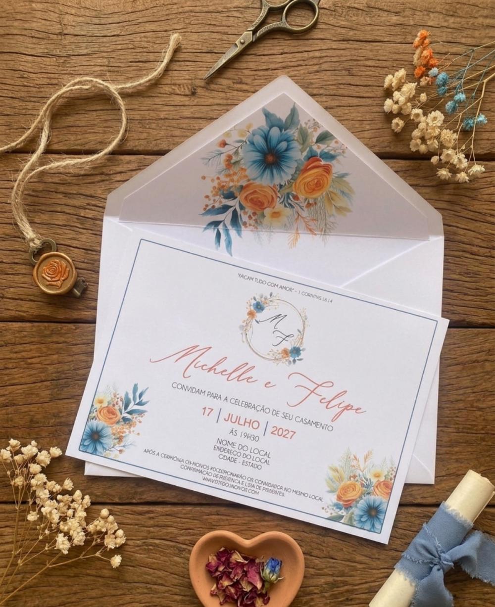 Convite de Casamento Terracota e Azul com Envelope Forrado Floral