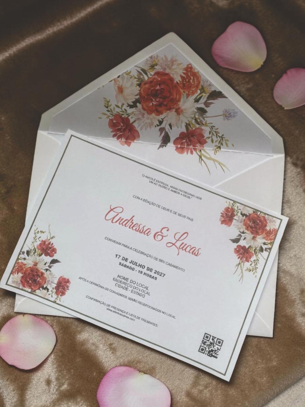 Convite Casamento Envelope forrado Floral Terracota