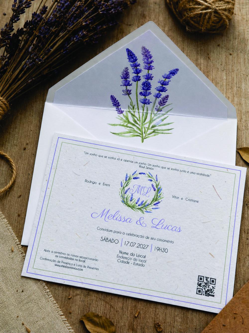 Convite de Casamento Lavanda Lilás com Envelope Forrado