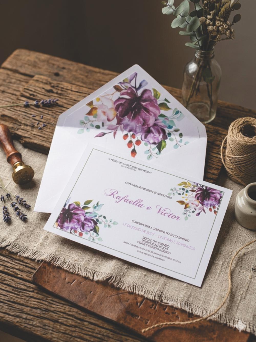 Convite de Casamento Floral Roxo e Violeta com Envelope Forrado