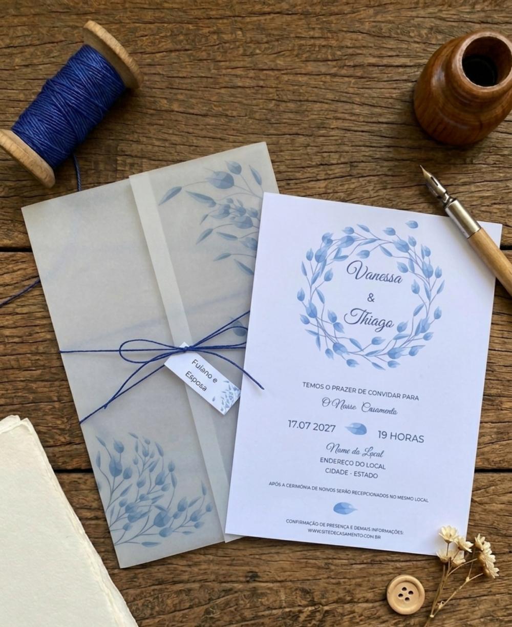 Convite de Casamento  Papel Vegetal Floral Azul Acinzentado