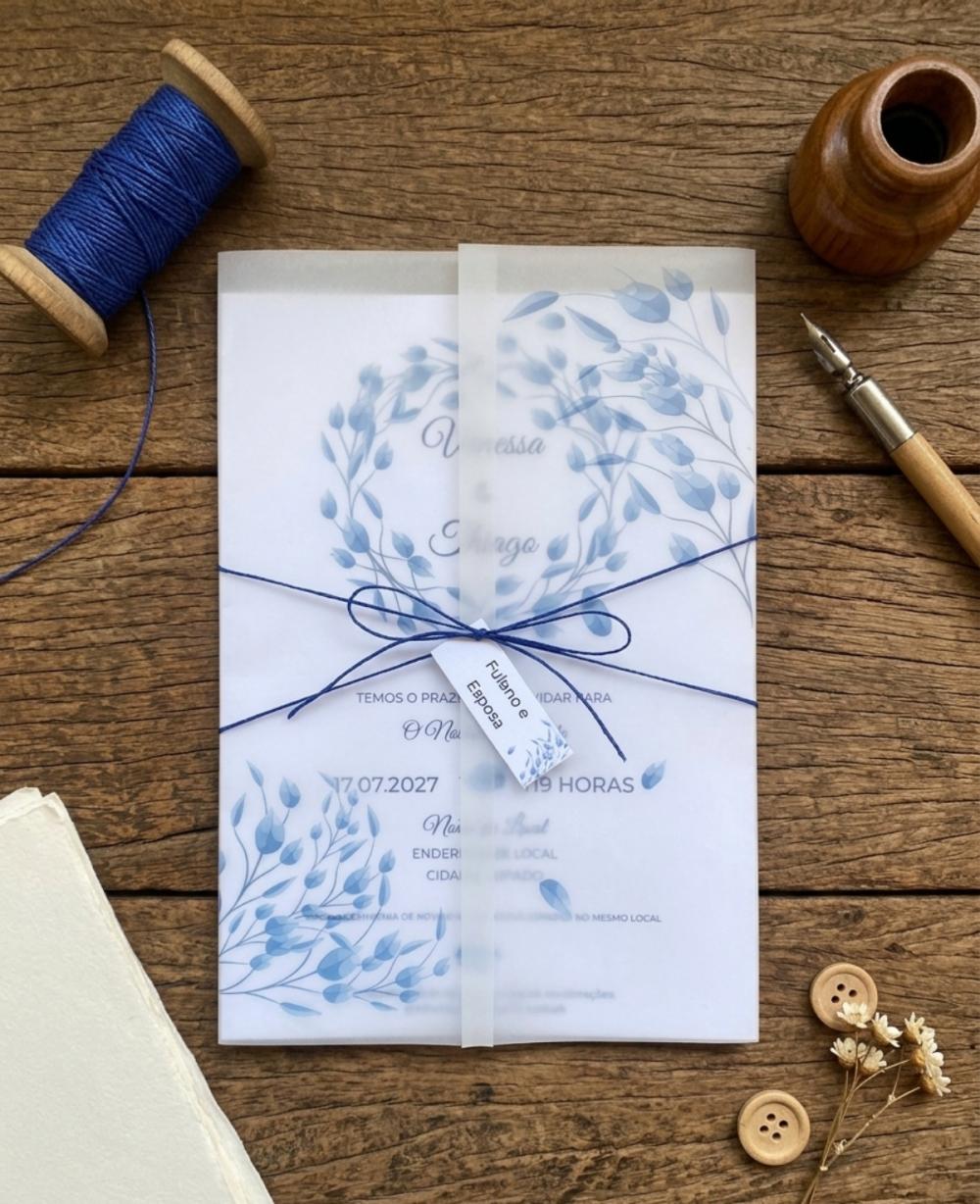 Convite de Casamento  Papel Vegetal Floral Azul Acinzentado