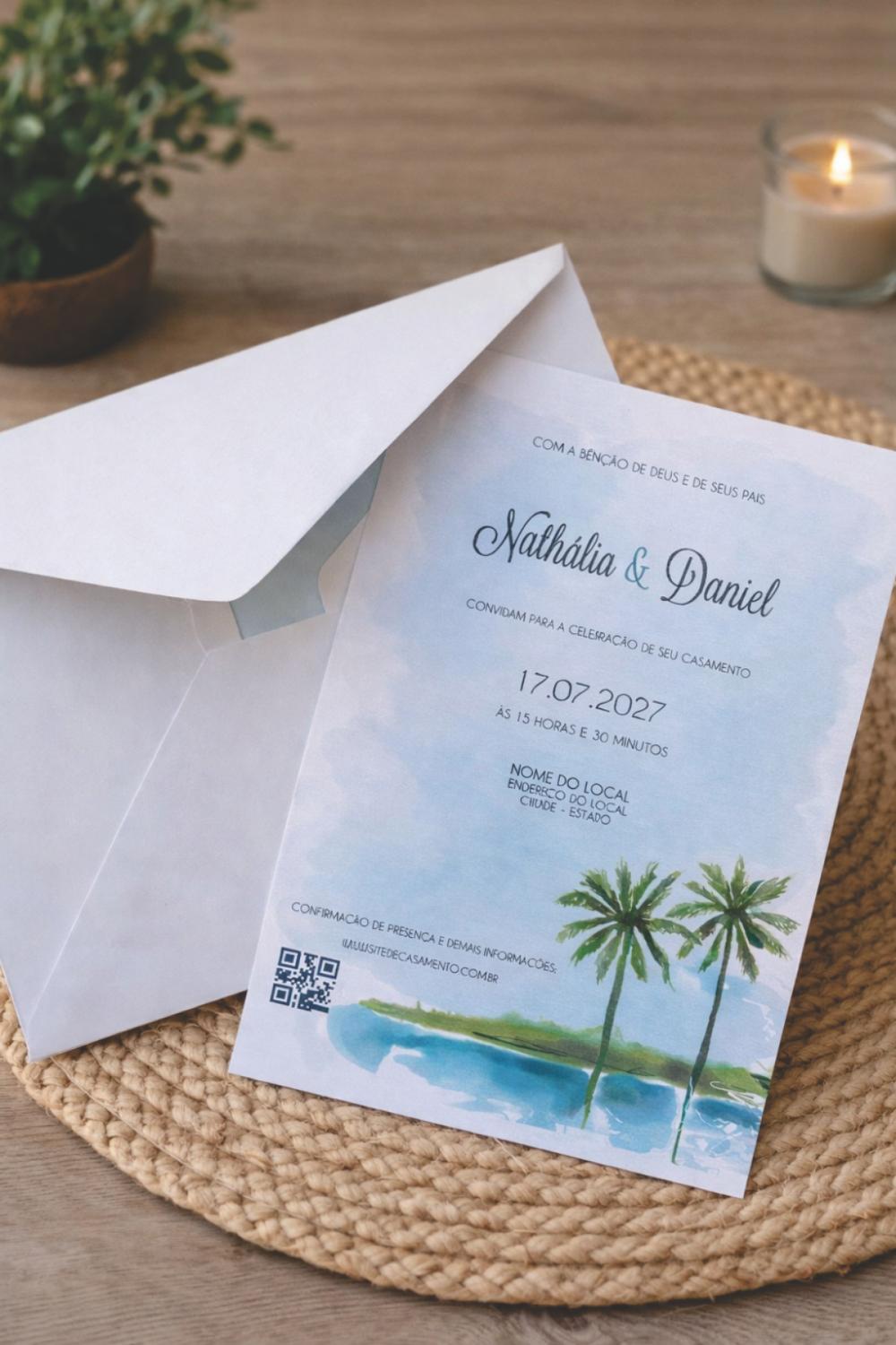 Convite de Casamento Praia e Coqueiros e Envelope Forrado