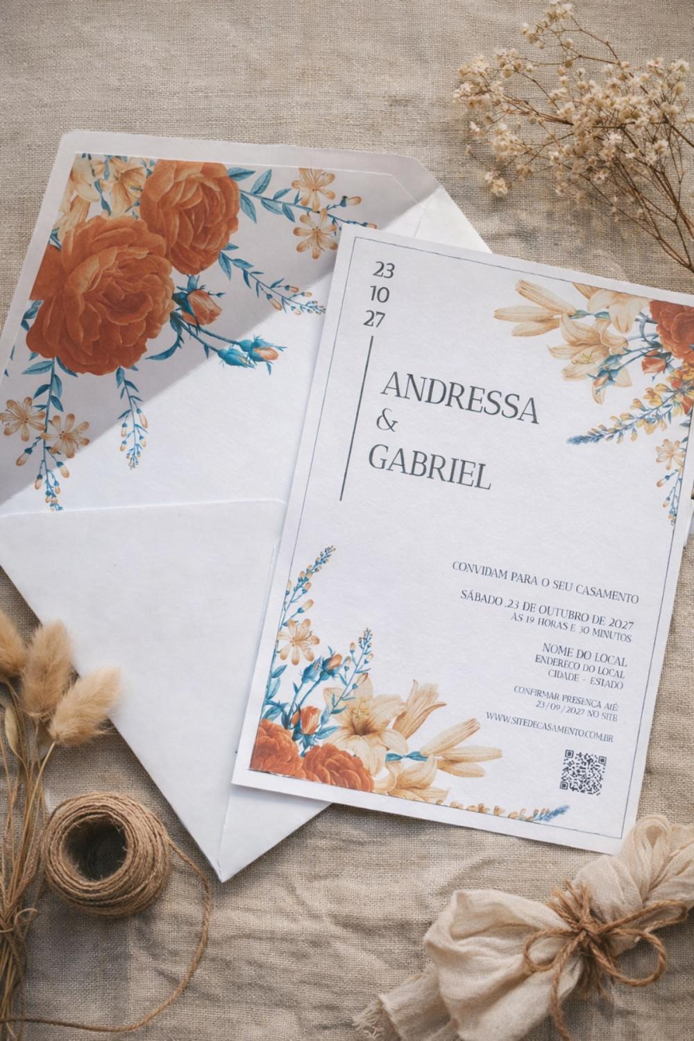 Convite de Casamento Terracota e Azul com Envelope Forrado