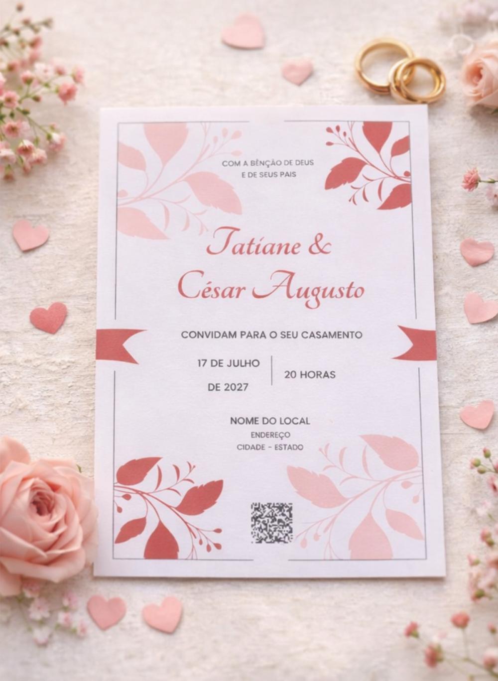Convite de Casamento Floral Vermelho com Fita e Lacre de Cera