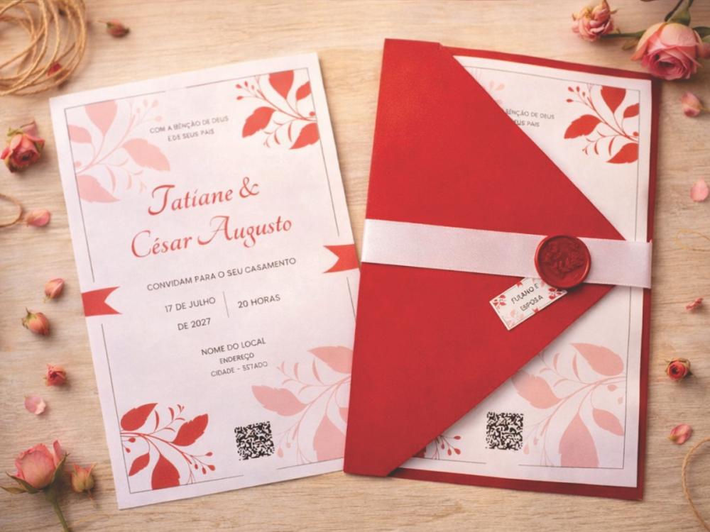 Convite de Casamento Floral Vermelho com Fita e Lacre de Cera