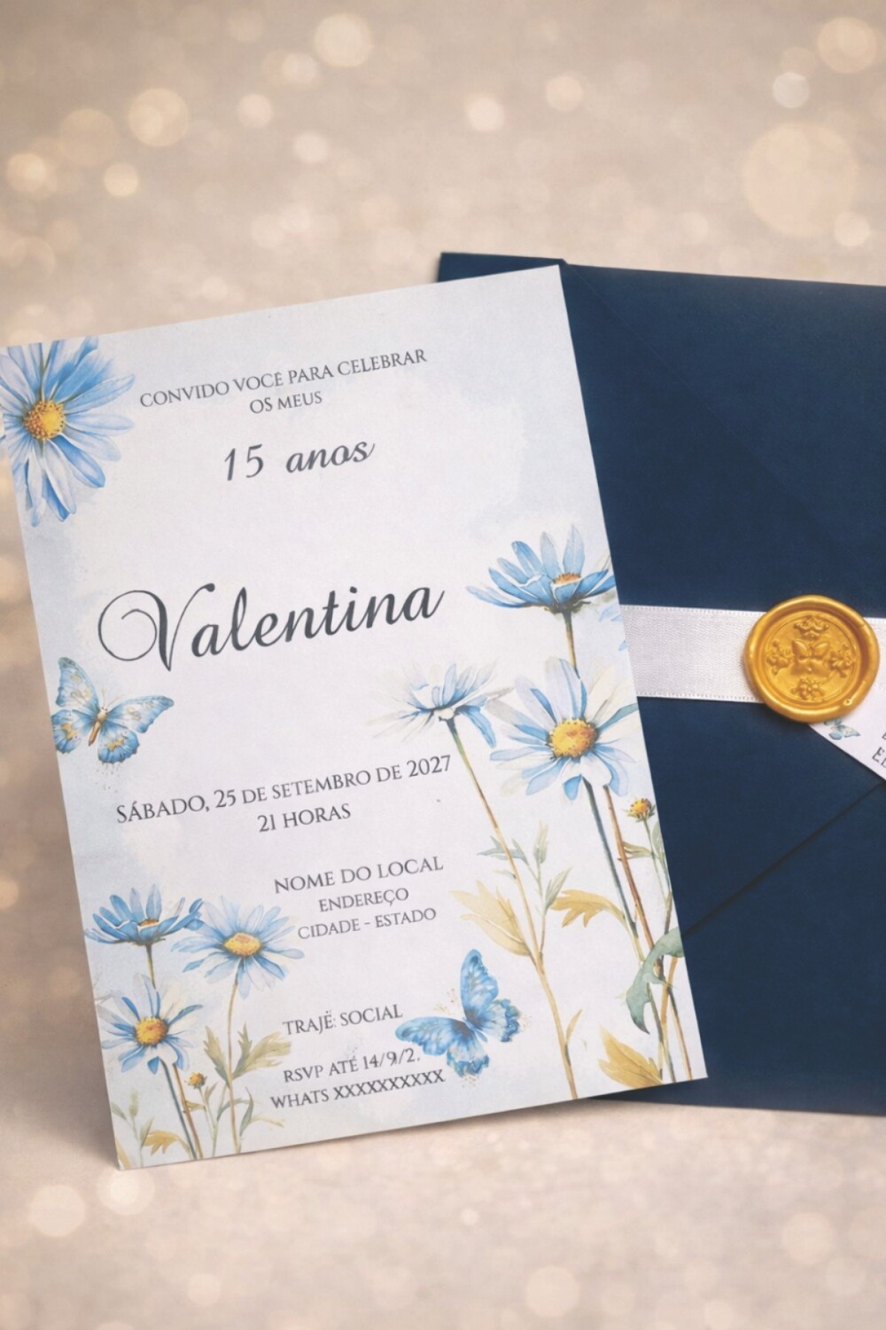 Convite de 15 Anos Azul Serenit, envelope Marinho, Fita de Cetim 