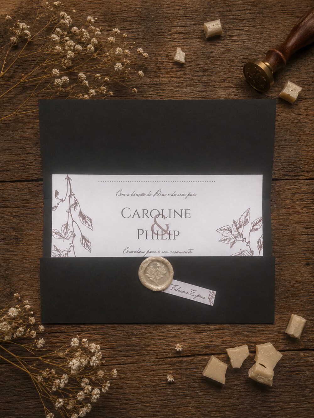 Convite de Casamento Floral Fine Art com Envelope Preto, Lacre de