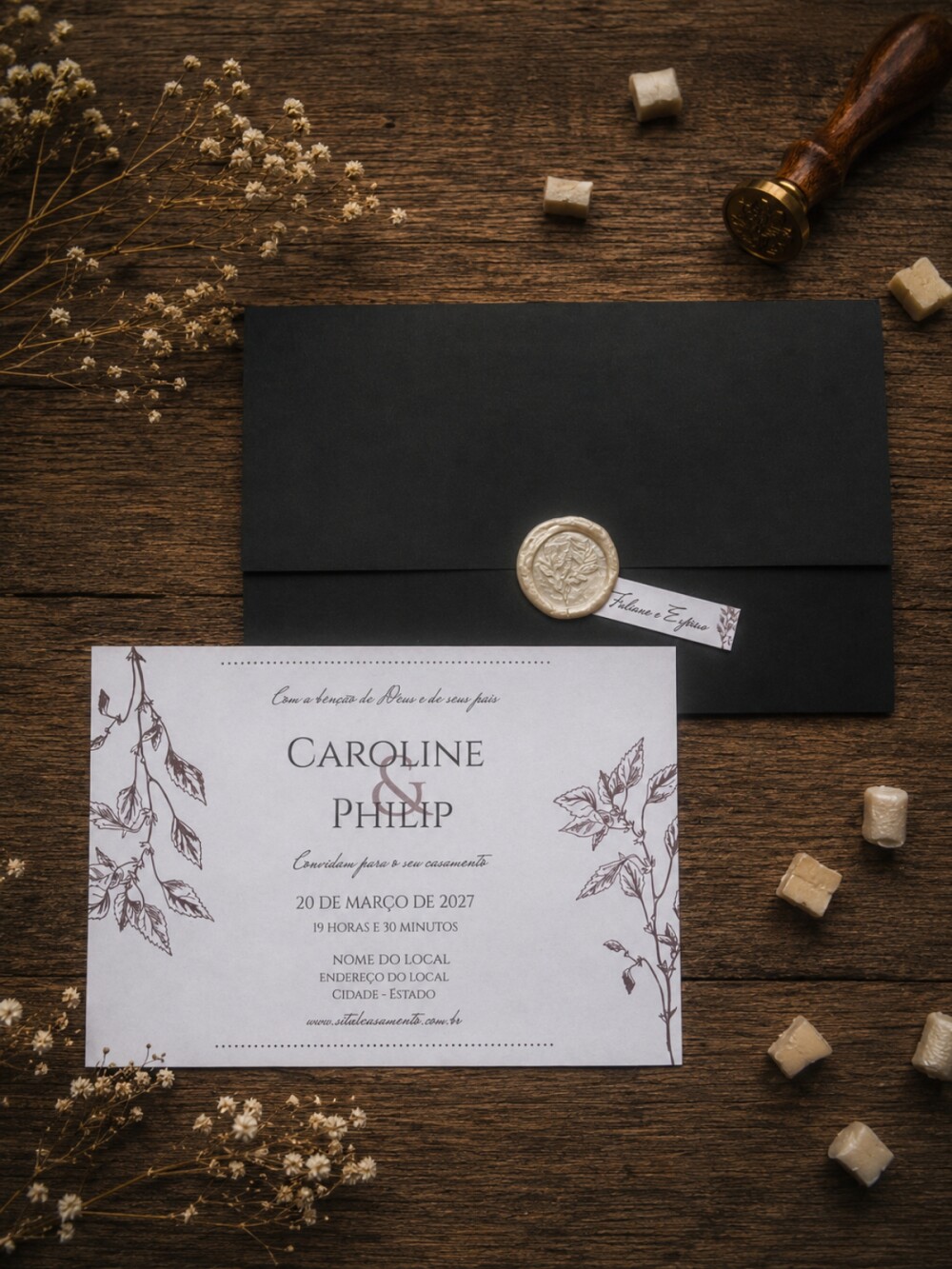 Convite de Casamento Floral Fine Art com Envelope Preto, Lacre de