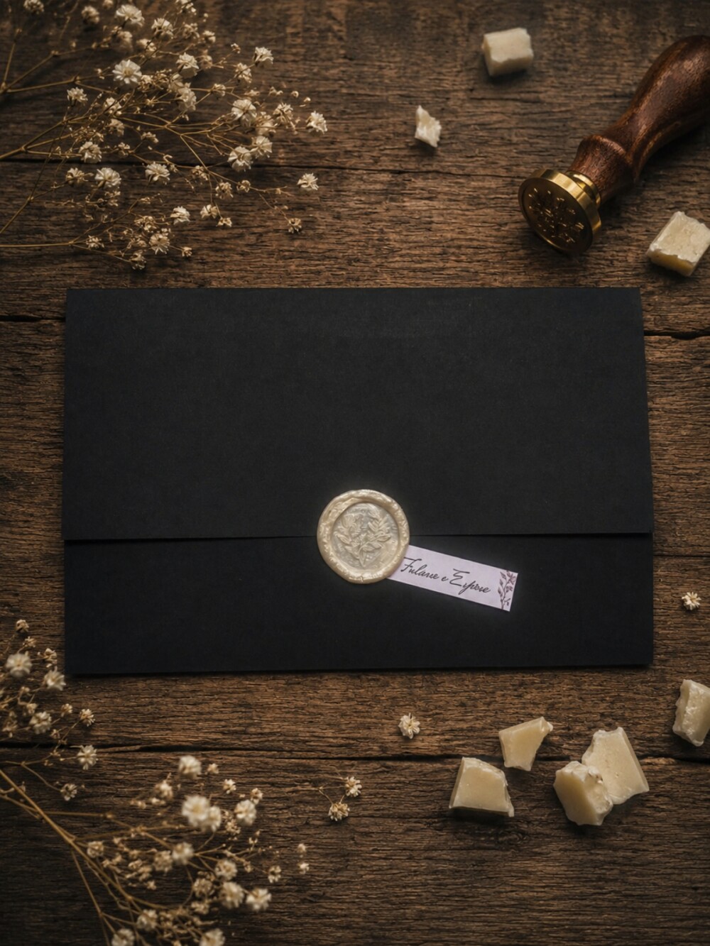 Convite de Casamento Floral Fine Art com Envelope Preto, Lacre de
