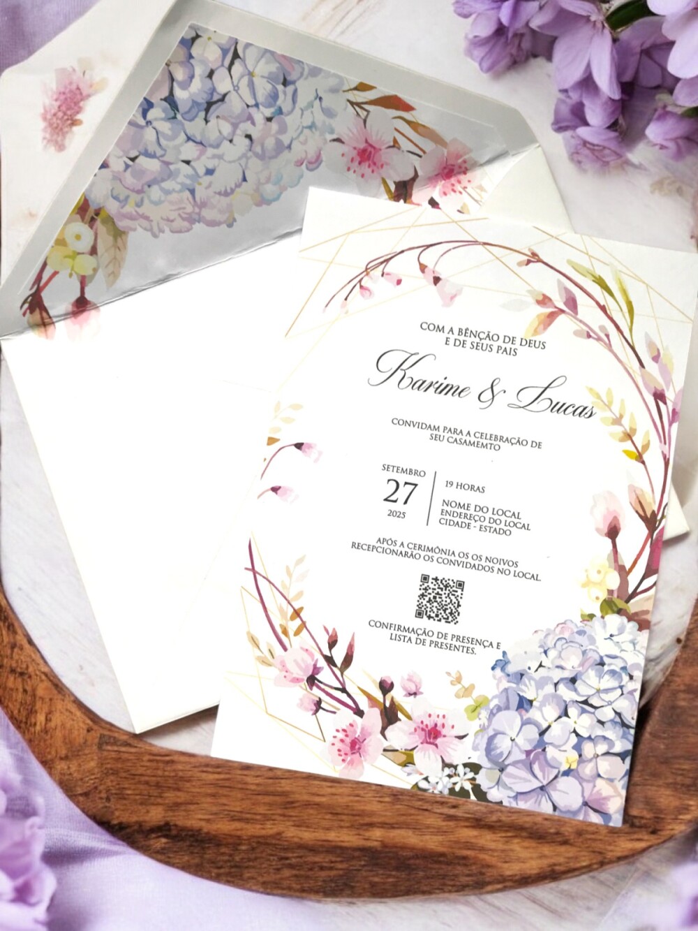 Convite de Casamento Floral Hortênsia com Envelope Forrado, Lacr