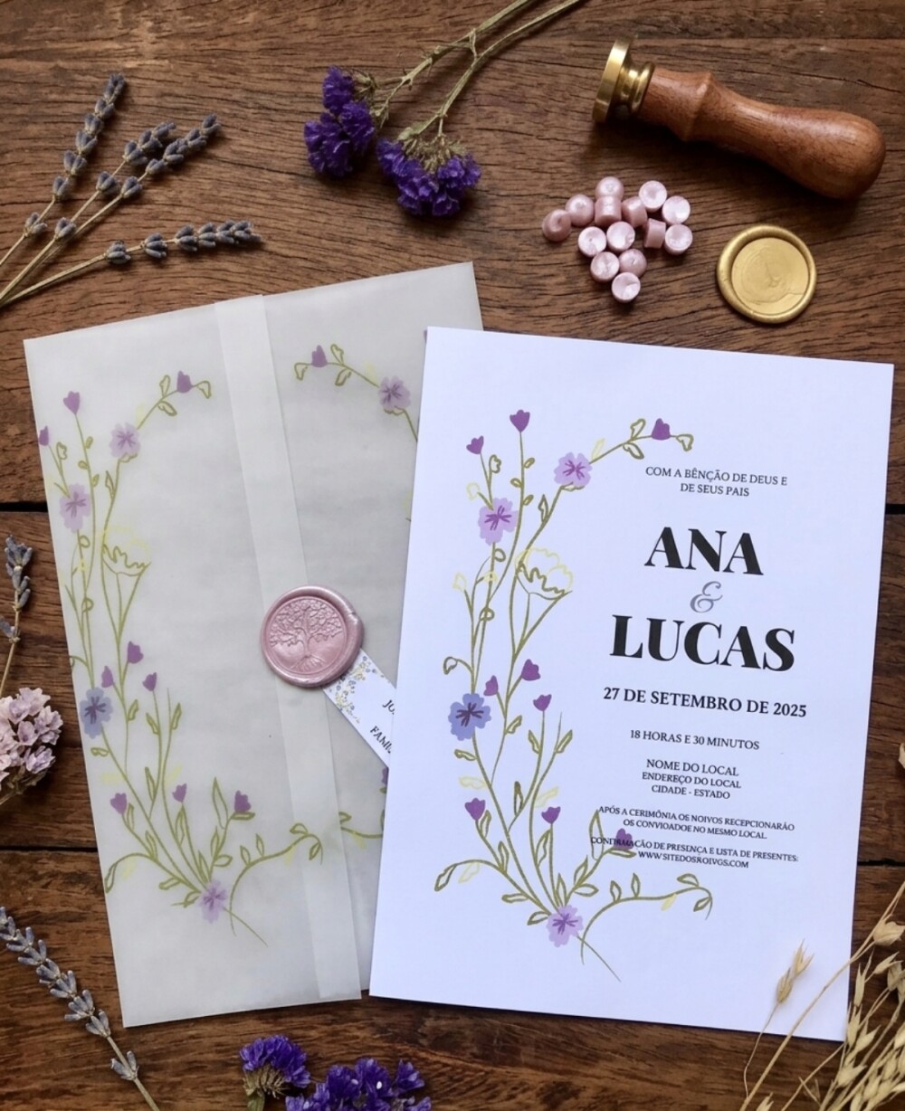 Convite de Casamento em Papel Vegetal Wildflower Lilás com Lacre