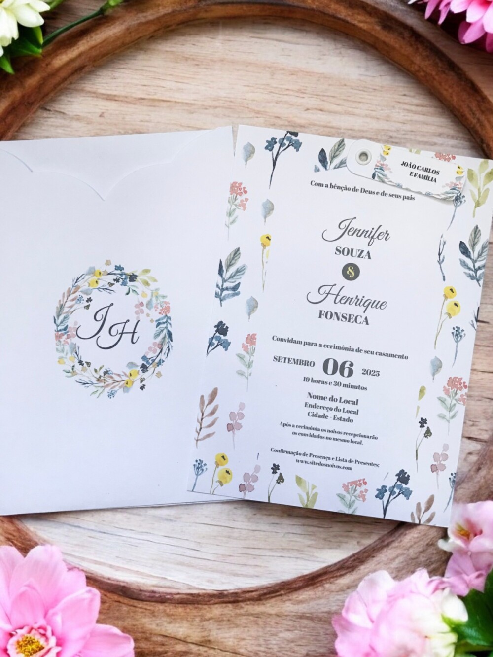 Convite de Casamento Flores do Campo com Envelope Luva e Tag Pers
