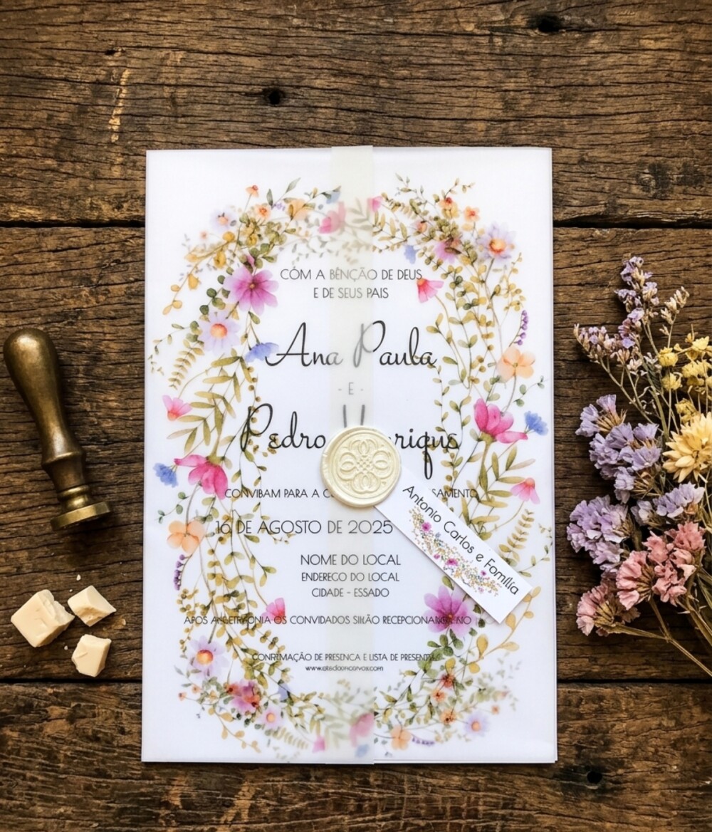 Convite de Casamento Wildflowers com Envelope de Papel Vegetal e 