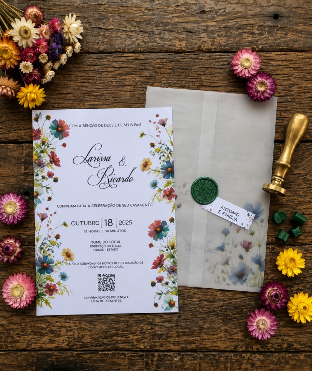 Convite de Casamento Wildflowers com Envelope de Papel Vegetal, L