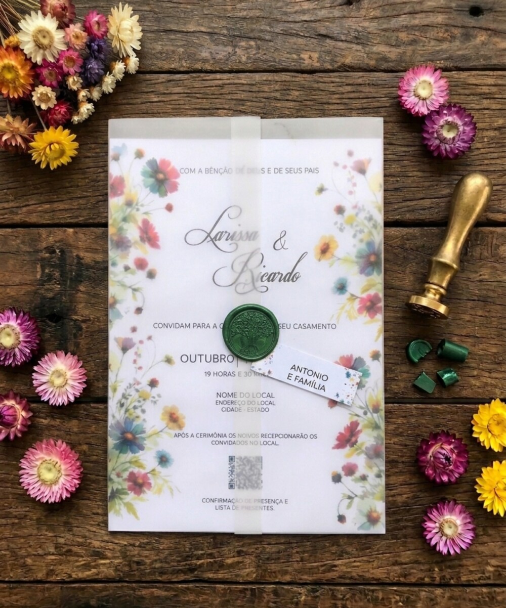 Convite de Casamento Wildflowers com Envelope de Papel Vegetal, L