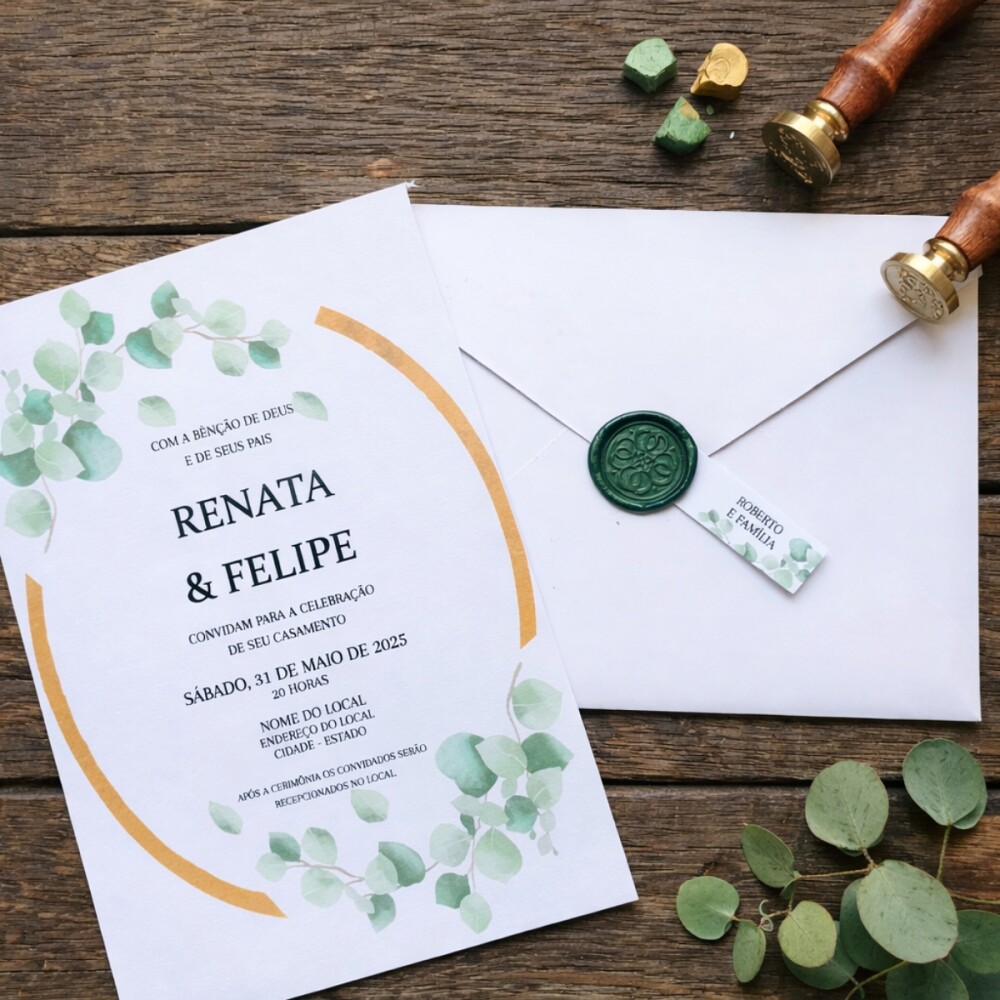 Convite de Casamento Eucalipto com Envelope Forrado e Lacre de Ce