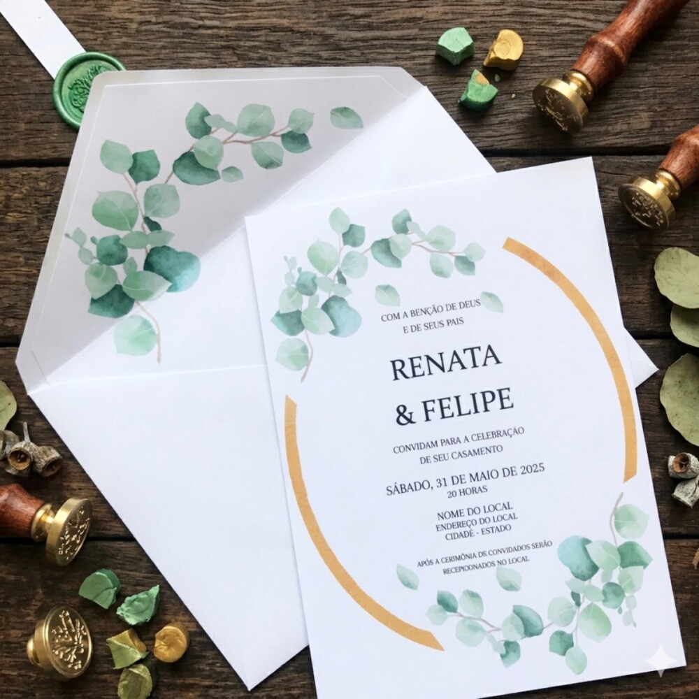 Convite de Casamento Eucalipto com Envelope Forrado e Lacre de Ce