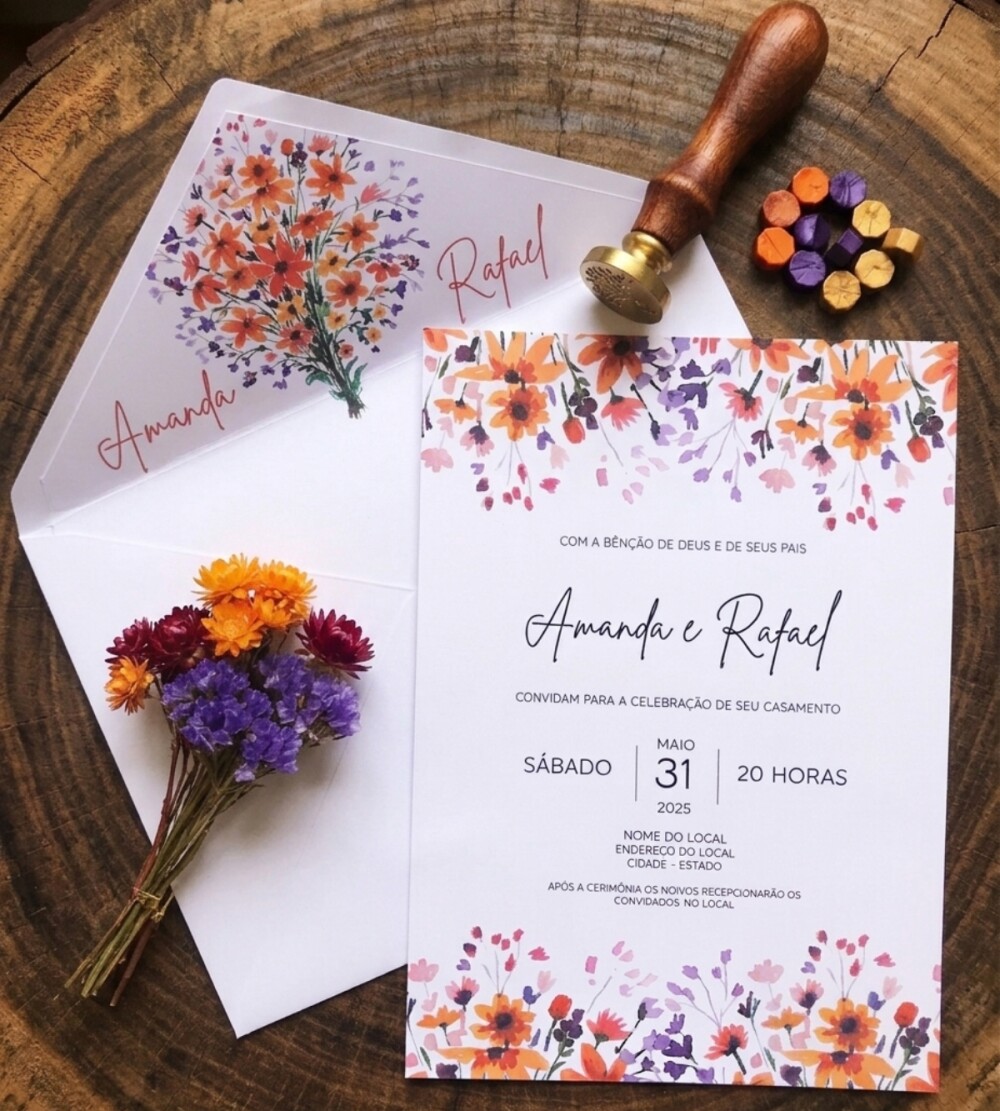 Convite de Casamento Floral Rústico com Lacre de Cera