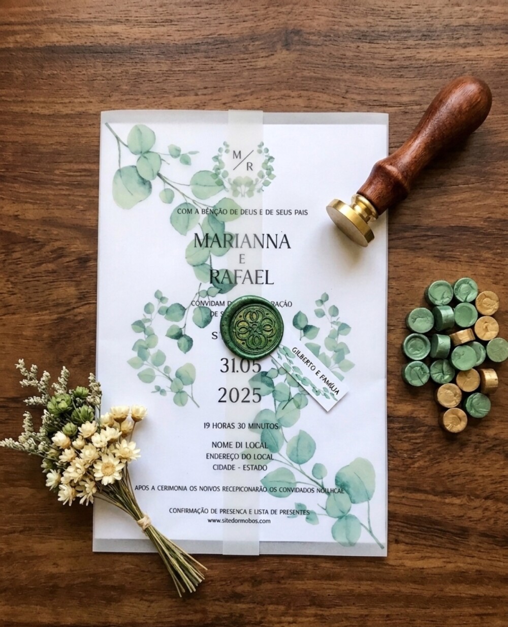Convite de Casamento Eucalipto e Papel Vegetal |Lacos-Perfeitos