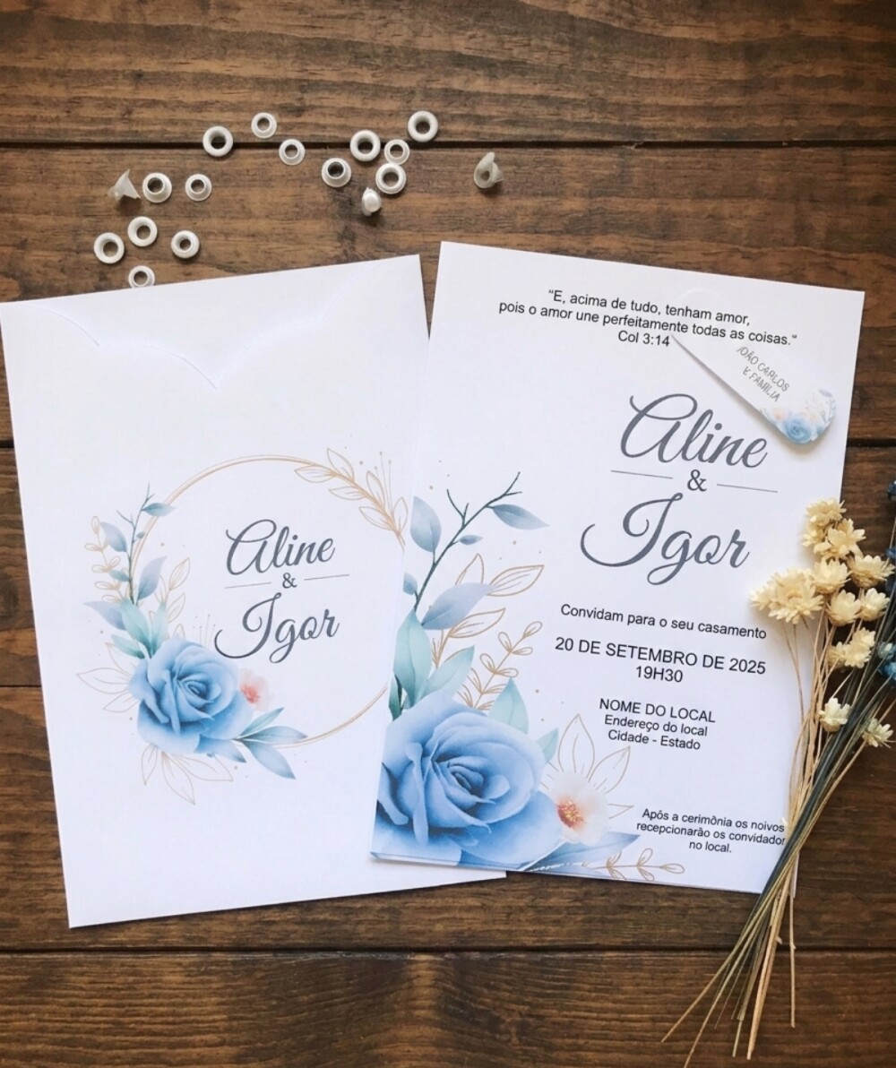 Convite de Casamento Azul Serenity com Ilhós |Convites-Laços-Pe